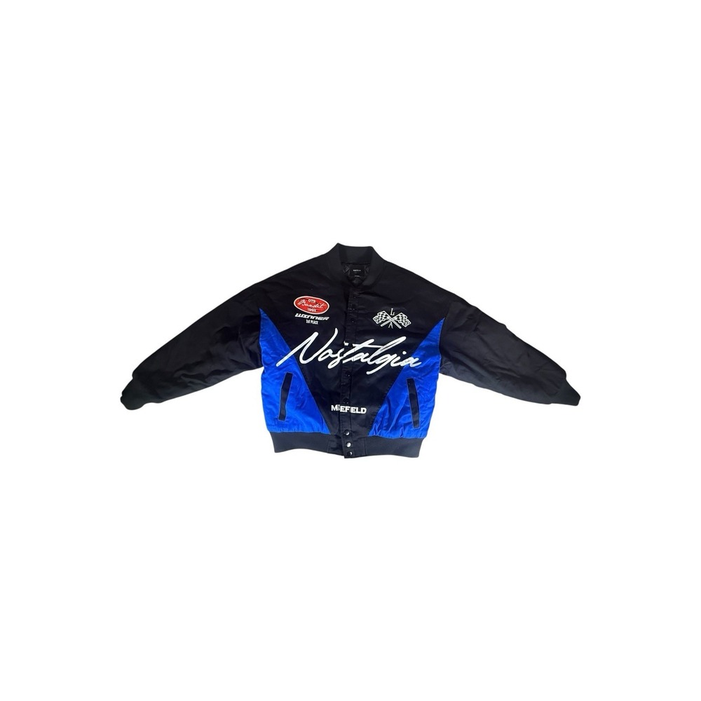 PacSun Racing Bomber Jacket Nostalgia Adult Medium Blue Black Button Up Quilted